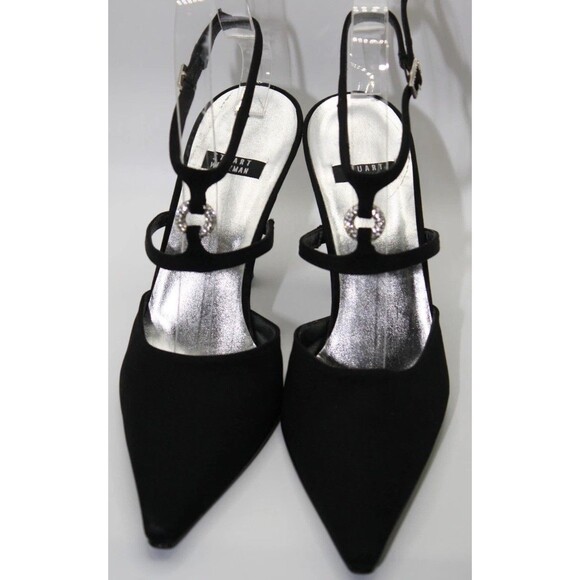 Sz 6.5 Stuart Weitzman Blk Satin Rhinestone Heels Semi Formal HOCO Prom Holiday - Picture 1 of 16
